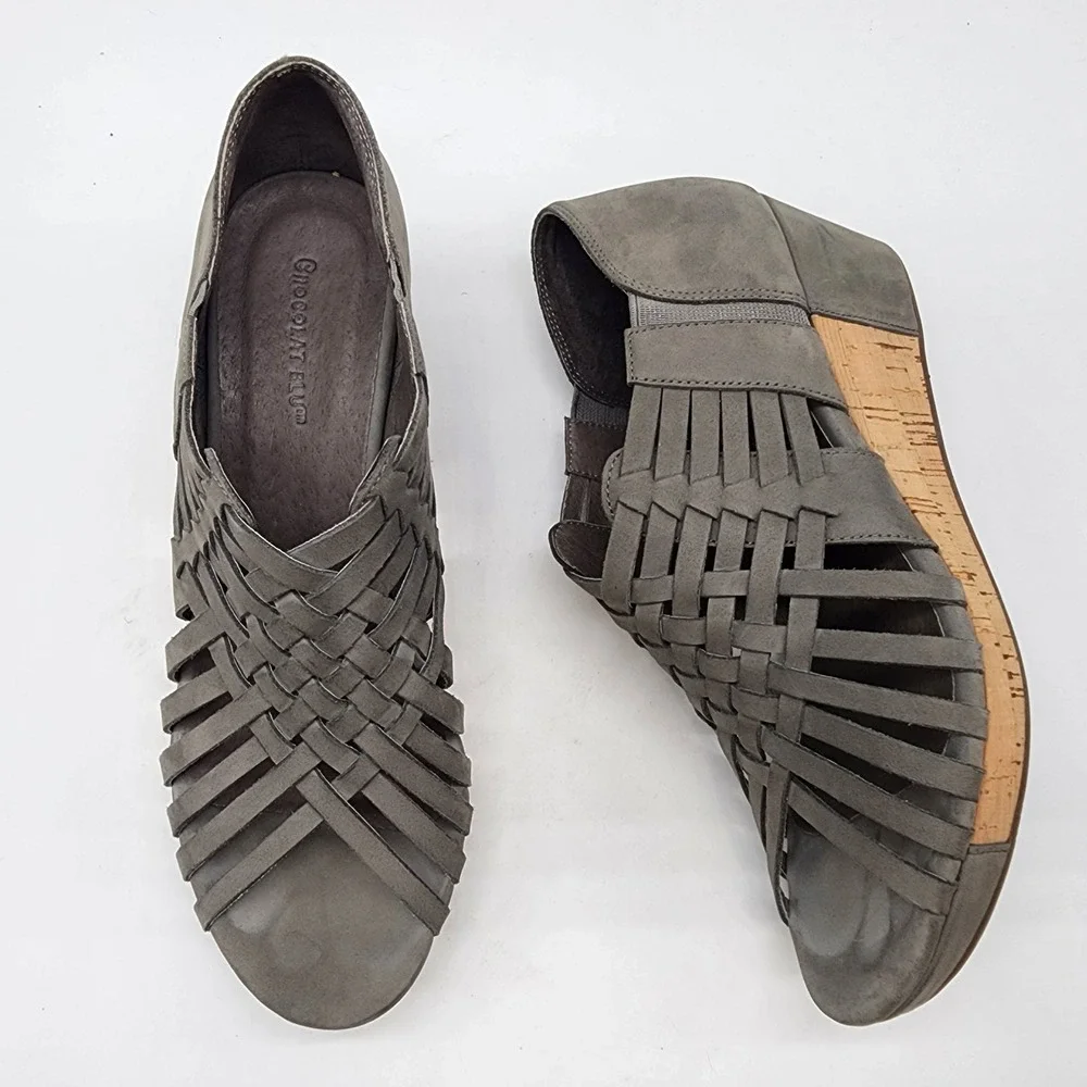 Chocolat Blu Yoko Woven Wedge Sandals Women's Size 8 Grey Leather Cork Heel